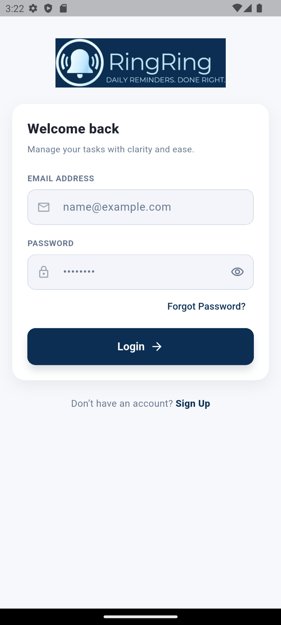 Actual RingRing login screen with email and password fields